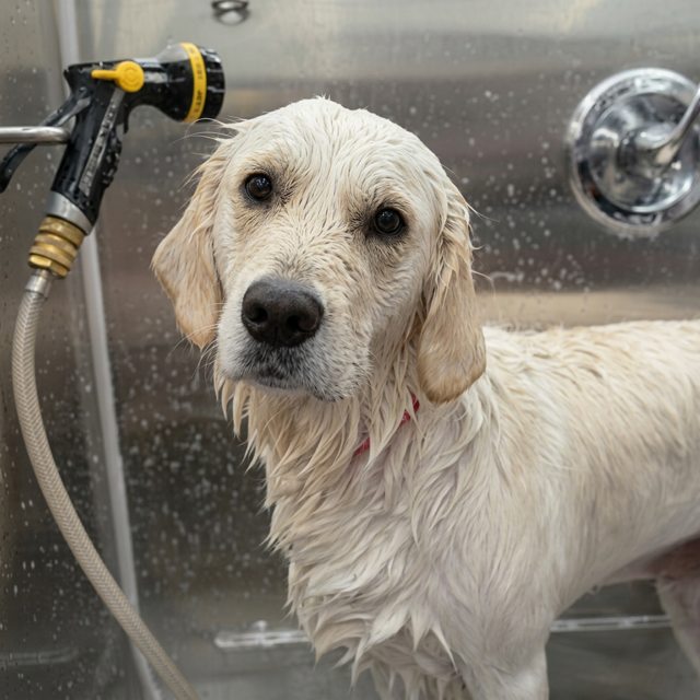 Golden retriever getting a bath during a mobile dog grooming appointment in Round Rock, TX