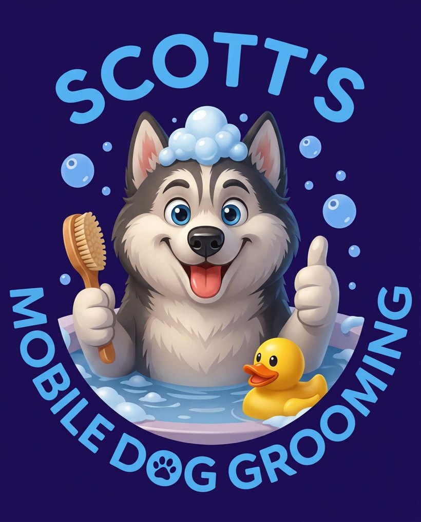 Scott's Mobile Dog Grooming logo — a happy husky in a bubble bath holding a grooming brush