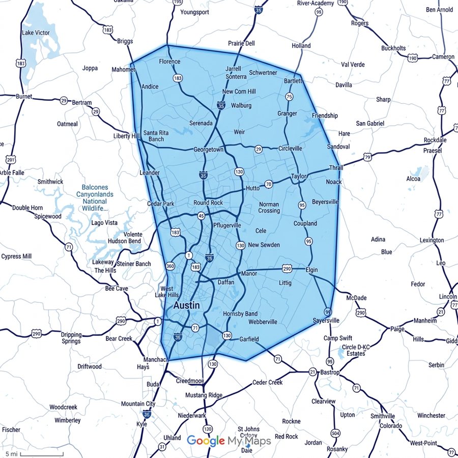 Map of Scott's Mobile Dog Grooming service area covering Round Rock, Pflugerville, Hutto, Austin, Taylor, Georgetown and Jarrell, TX